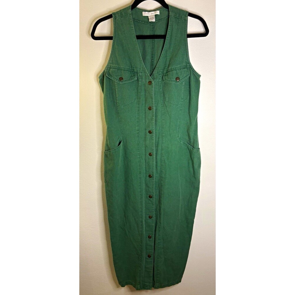 The Limited Green Linen Cotton Shift Midi Dress V-Neck Pockets Size 8
